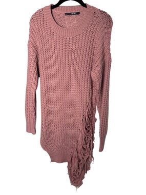 Tic Toc Rose Chunky Knit Sweater Dress Side Distressing Size Small